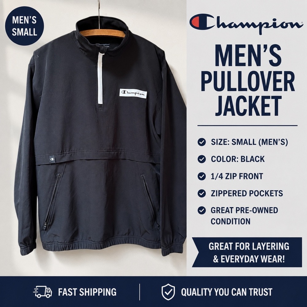 Champion Mens 1/4 Zip Pullover Jacket Black Small‎ Windbreaker Zippered Pockets